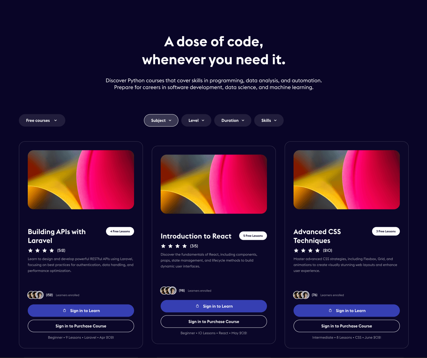 Available courses screenshot Available courses screenshot
